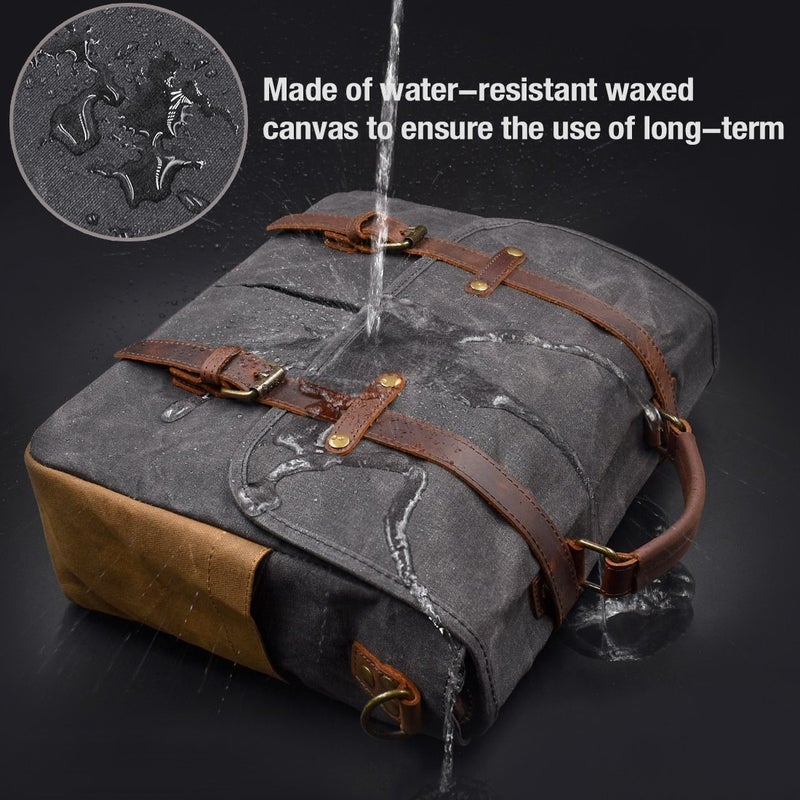 NEWHEY Mens Messenger Bag 15.6 Inch Waterproof Vintage Genuine Leather Waxed Canvas Briefcase Large Satchel Shoulder Bag Rugged Leather Computer Laptop Bag, Grey - Image 3